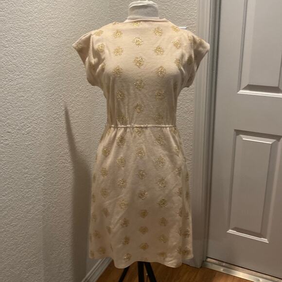 Vintage Dresses & Skirts - R & K Originals Vintage Short Cap Sleeve Midi Dress Tan & Gold Threaded Sz Small